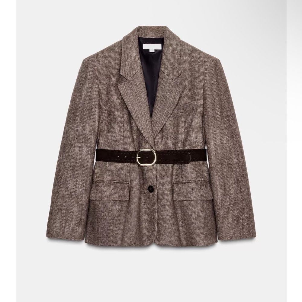 Zara Herringbone Belted Blazer
